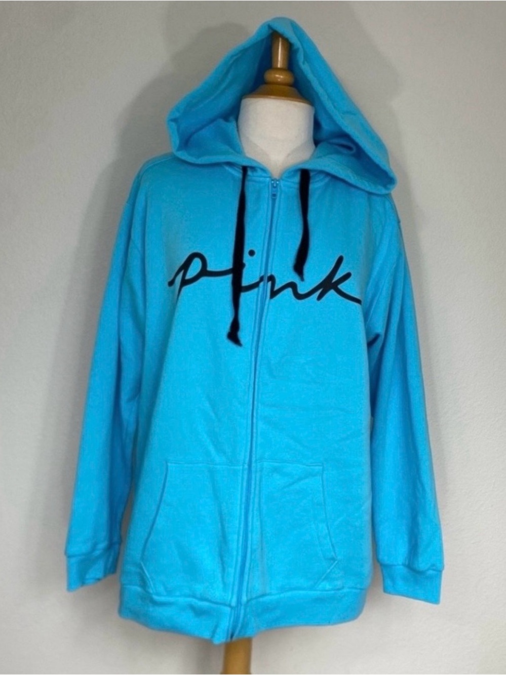 Pink Victoria's Secret Women Blue Soft Fleece Lined Zip Hooded Sweatshirt Size L